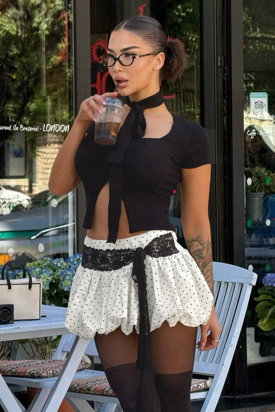 Lace Trim Polka Dot Low Waist Skirt image 1