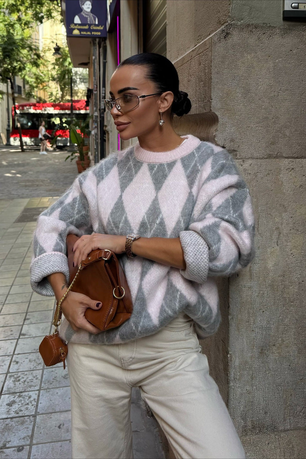 High End Argyle Knit Crewneck Lazy Street Sweater image 4