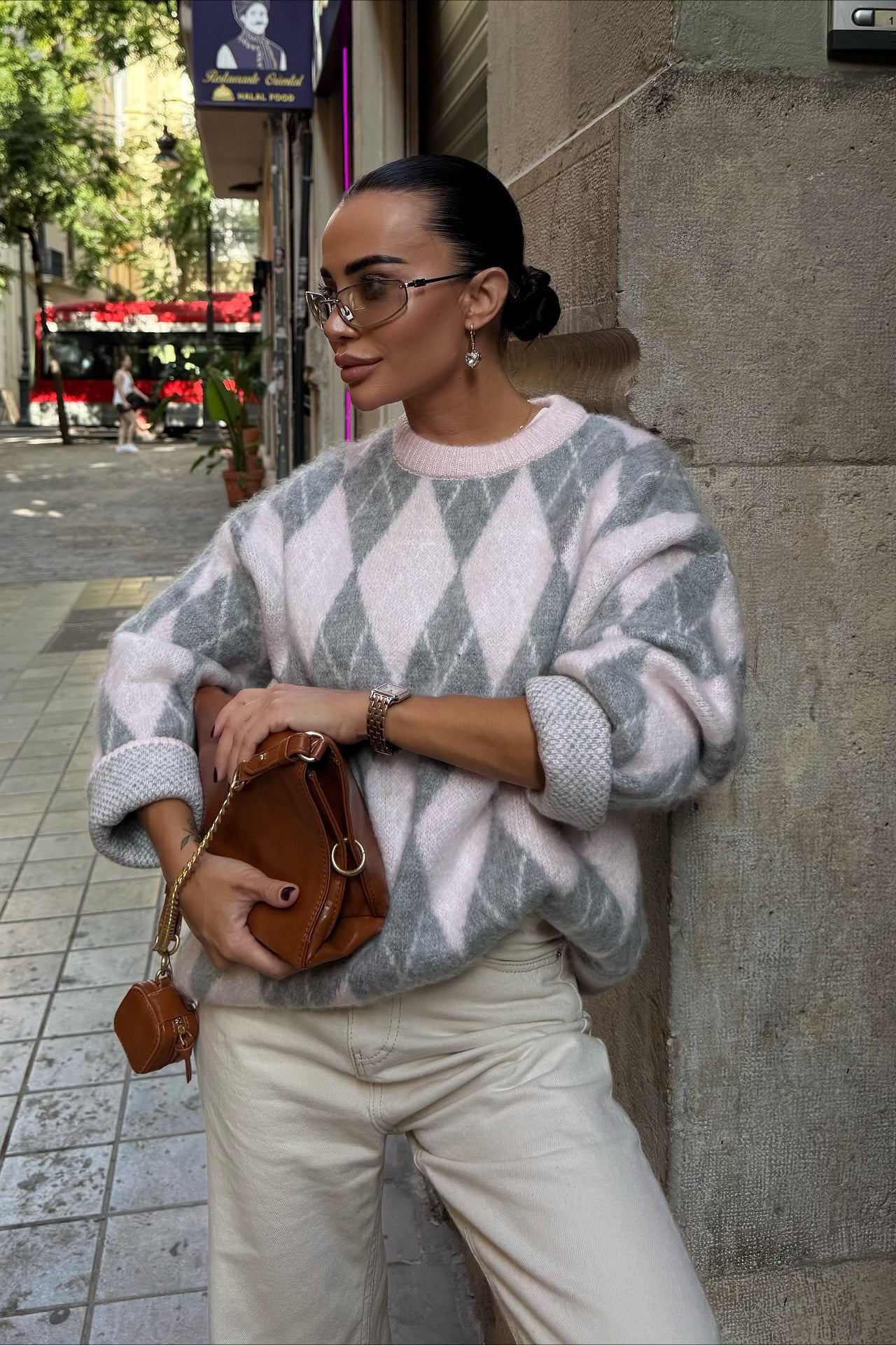 High End Argyle Knit Crewneck Lazy Street Sweater image 4