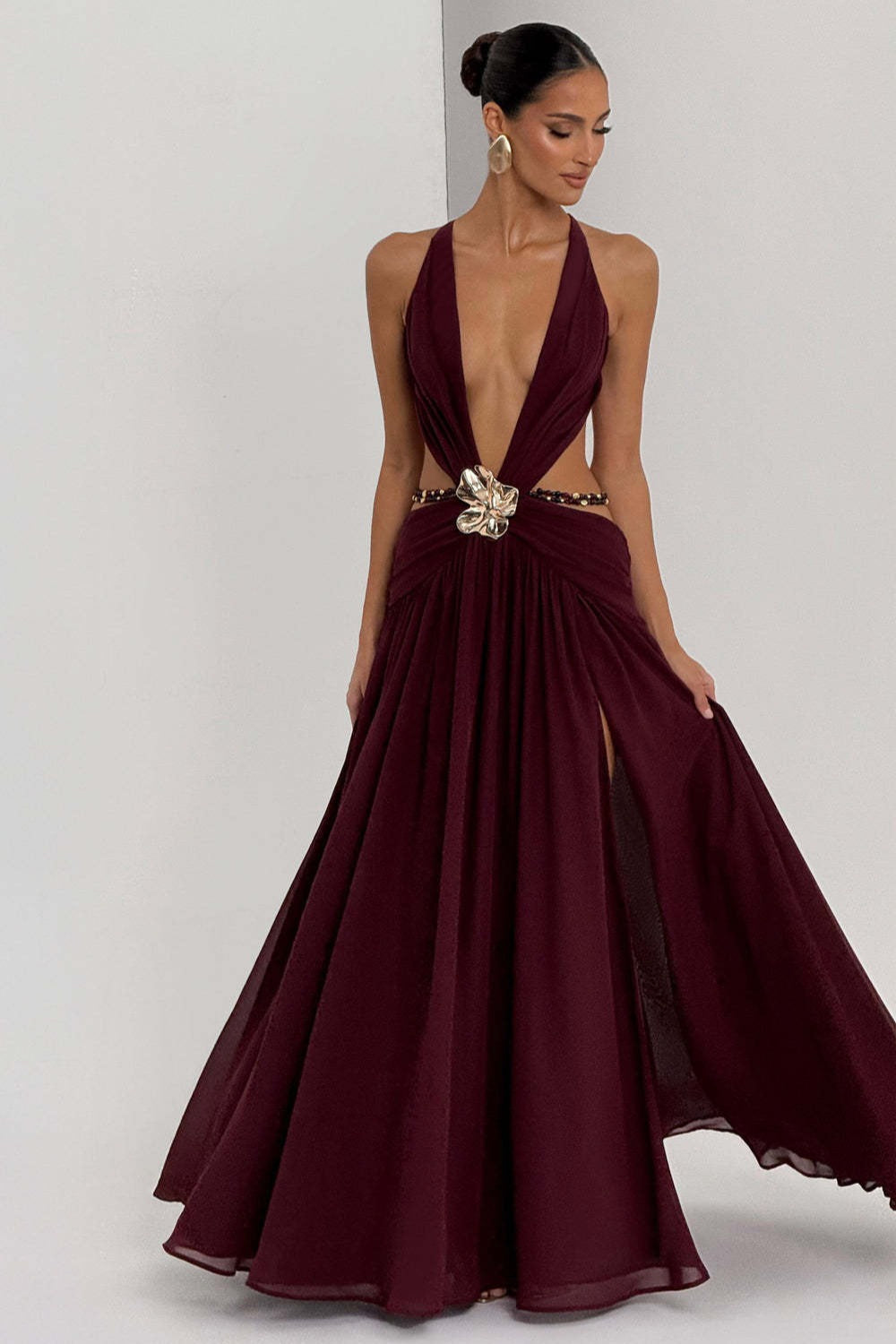 Halter Deep V Tie Backless High Slit Maxi Dress image 2