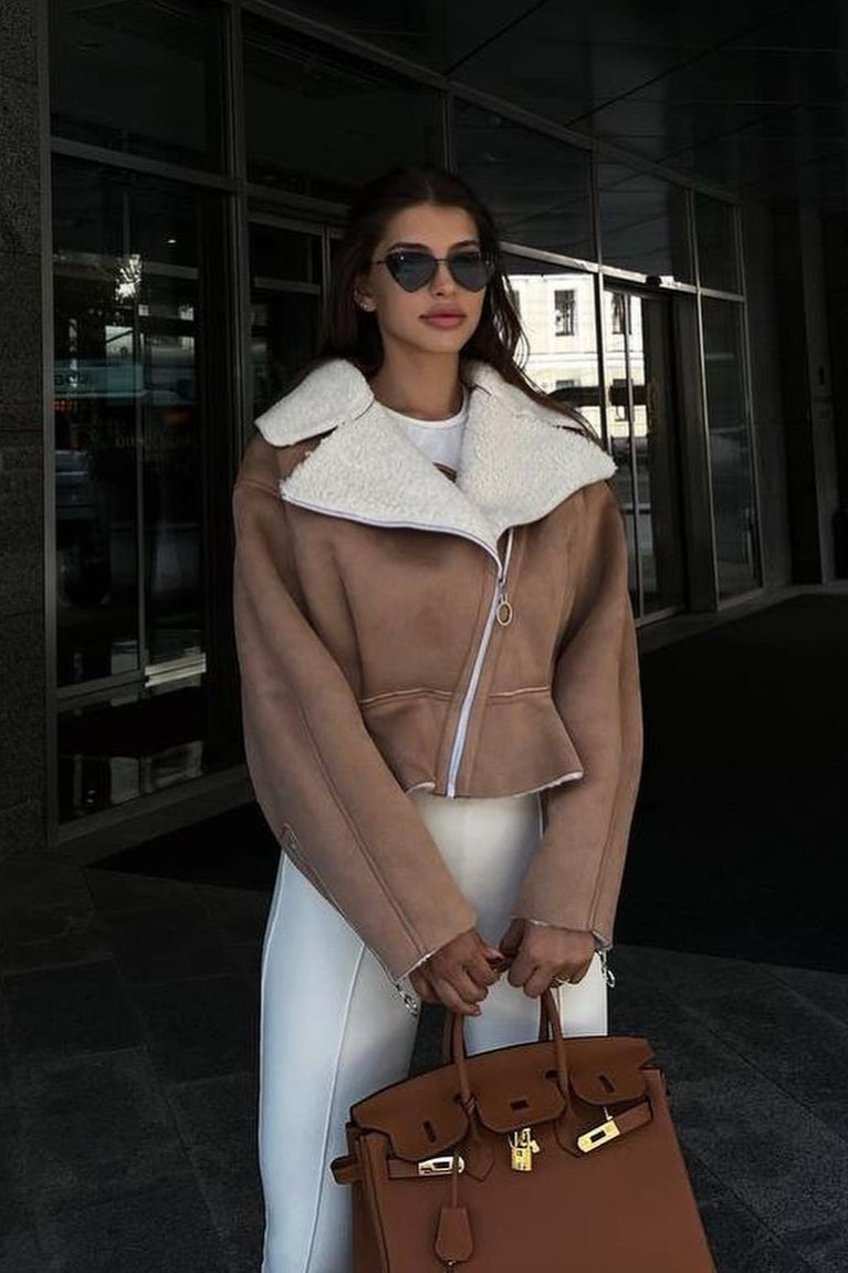 Chic Odd Zip Leather Fur Pieced Coat image 5