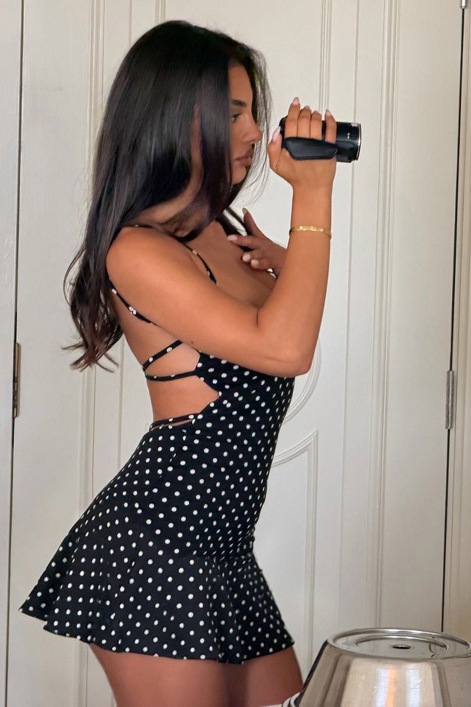 Elegant Polka Dot Cutout Tie Cami Mini Dress image 3