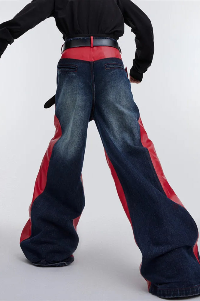 Wide Leg PU Leather Patchwork Jeans image 6