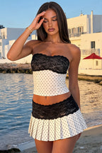 Sexy Strapless Polka Dot Lace Trim Pleated High Rise Skirt Sets image 1