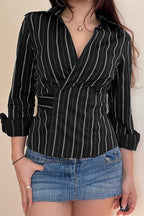 Woven Striped Collared Tie Waist Long Sleeve Blouse image 2