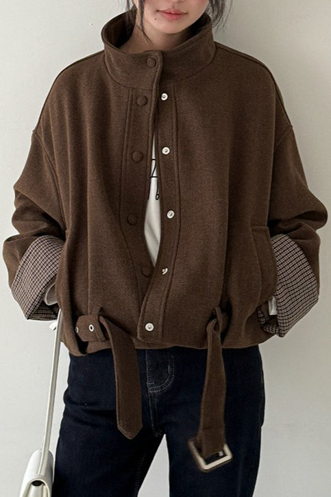 Short Cuffed Check Pieced Stand Collar Wool Coat image 5