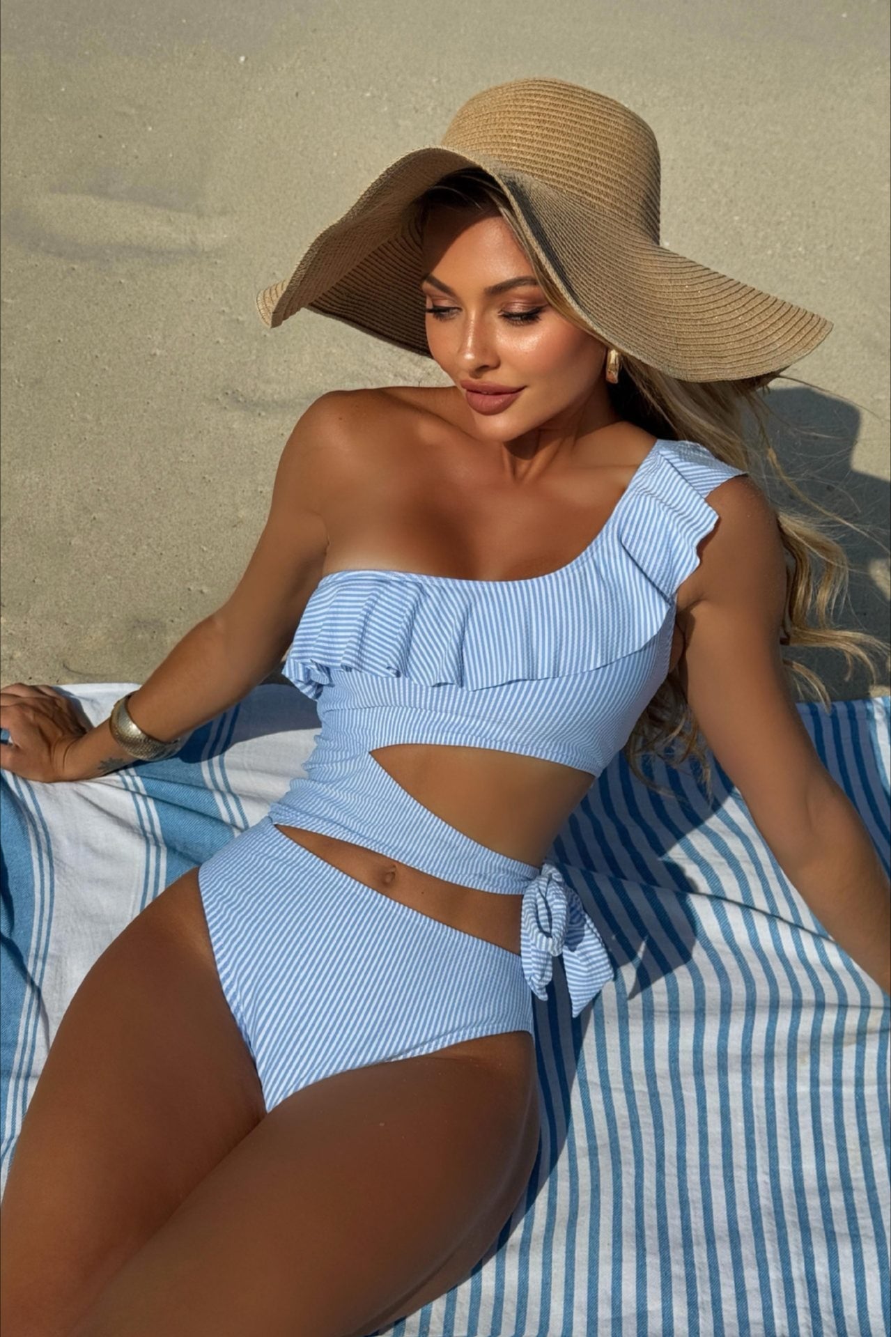 Elegant Ruffle Striped Cutout One Piece Swimwear image 3