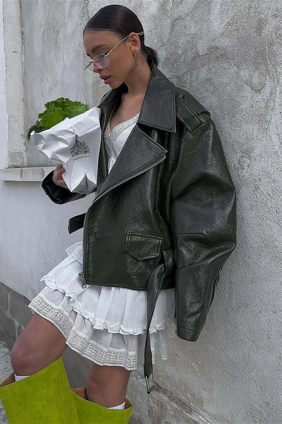 Zip Up Green Leather Moto Jacket image 2