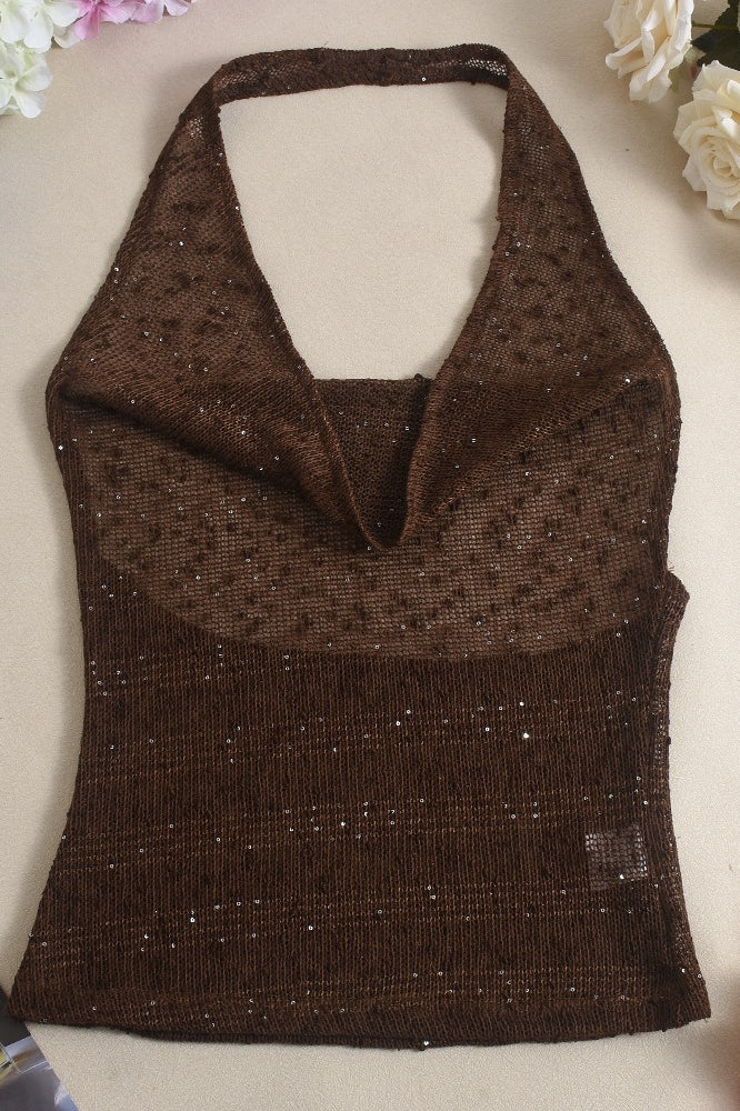 Glitter Solid Sheer Draped Halter Top image 5