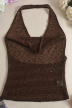 Glitter Solid Sheer Draped Halter Top image 5