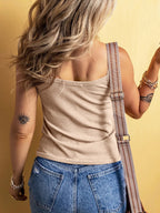 Lara Button Tank detail view styled for Avrienne