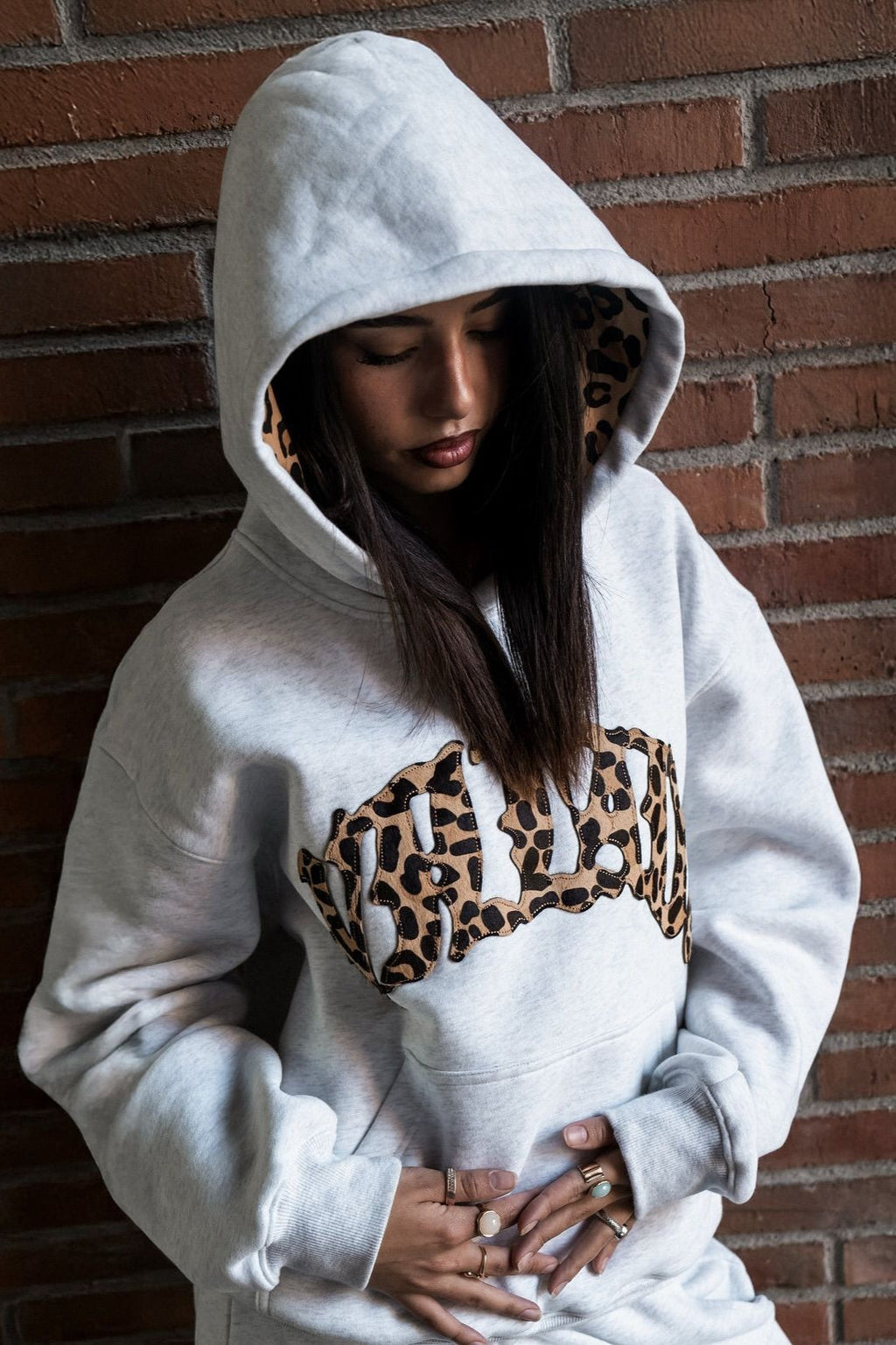 Leopard Lined Embroidered Letter Hoodie image 1