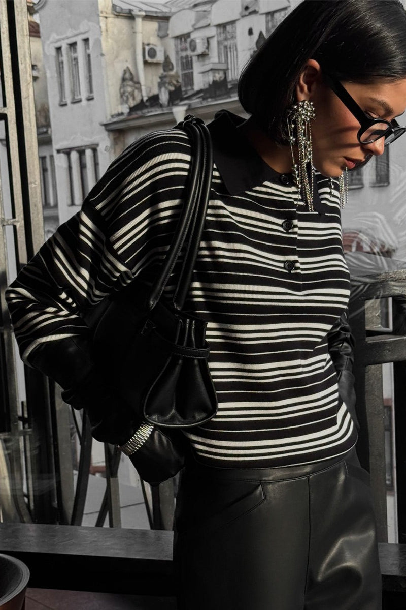 Color-block Stripe Fitted Polo Knit Blouse image 6