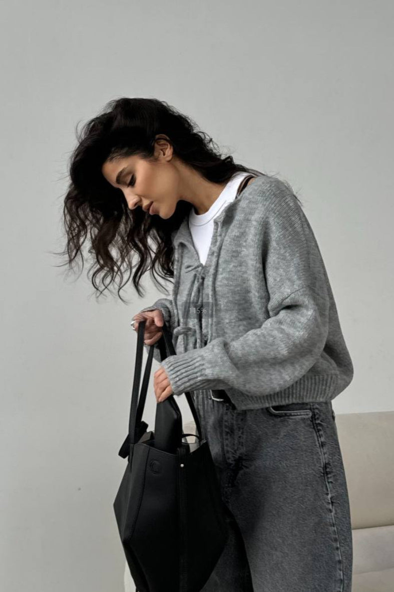 Solid Color Bow Tie Long Sleeve Knit Cardigan image 3