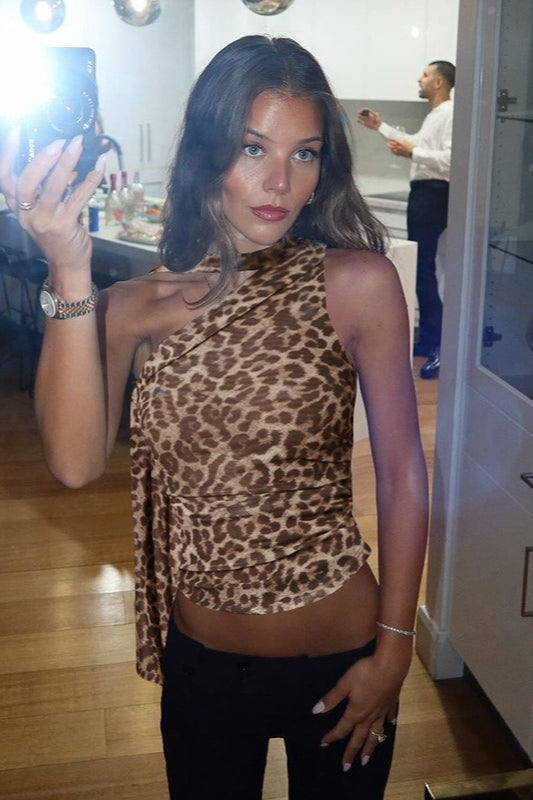 Leopard Asym Shoulder Sleeveless Halter Top image 2