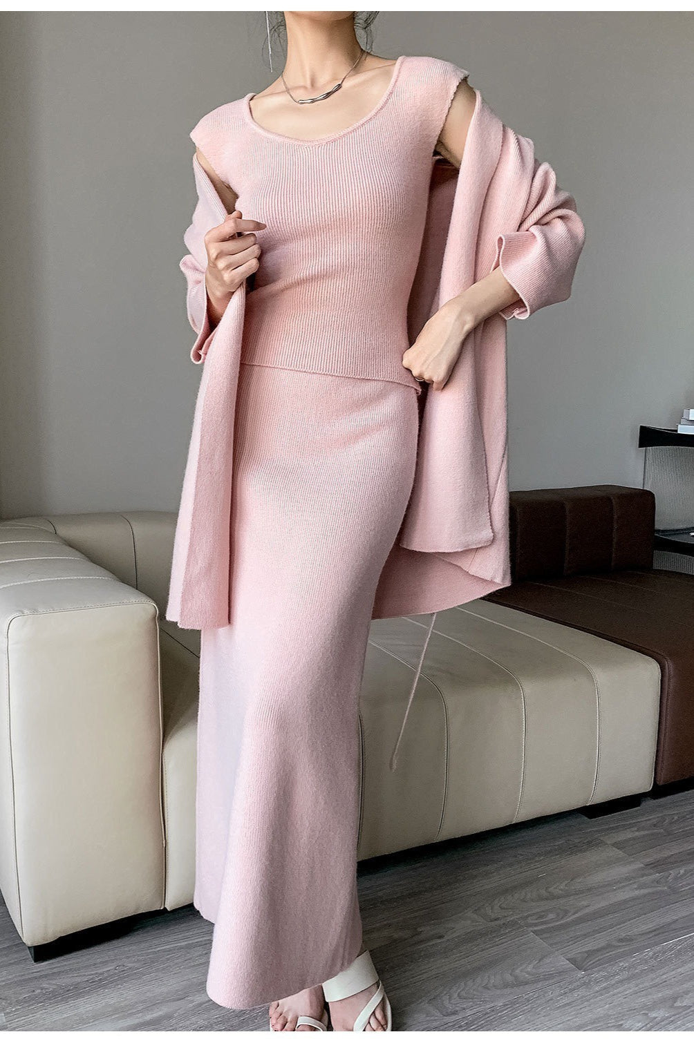 Ribbed High-End Knit Cardigan Tank Wide-Leg Pants Three Piece Set image 6