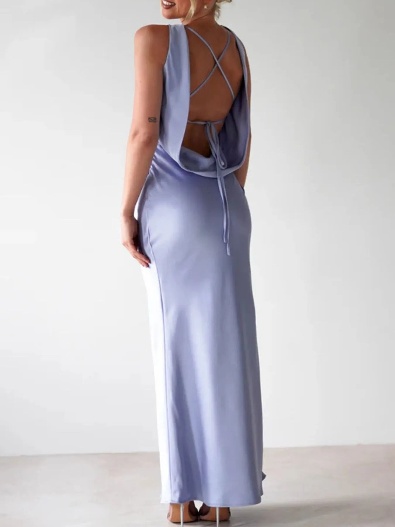 Sylvie Satin Maxi Dress detail view styled for Avrienne