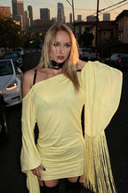 Flare Sleeve Tassel Patchwork Asym Neck Mini Dress image 8