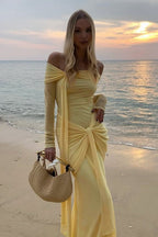 Off Shoulder Long Sleeve Solid Tie Bodycon Maxi Dress image 6