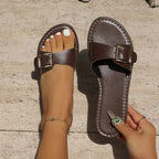 Emilia Buckle Sandals detail view styled for Avrienne
