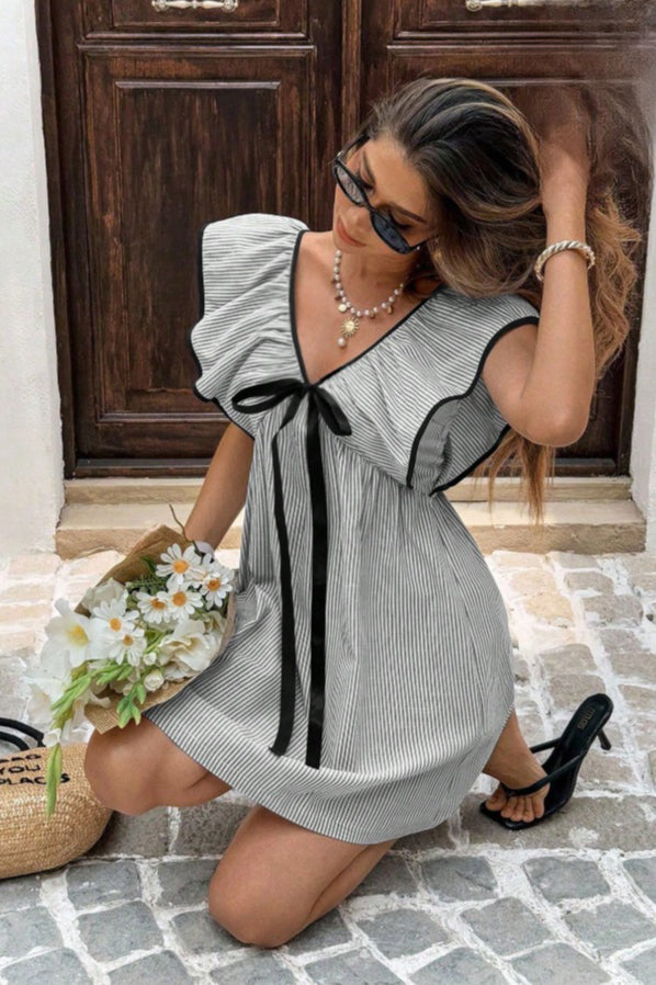 Striped V Neck Ruffle Flutter Sleeve Mini Dress image 15
