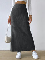 Noemi Ribbed Knit Skirt detail view styled for Avrienne