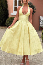 Halter V Neck Jacquard Backless Midi Dress image 2