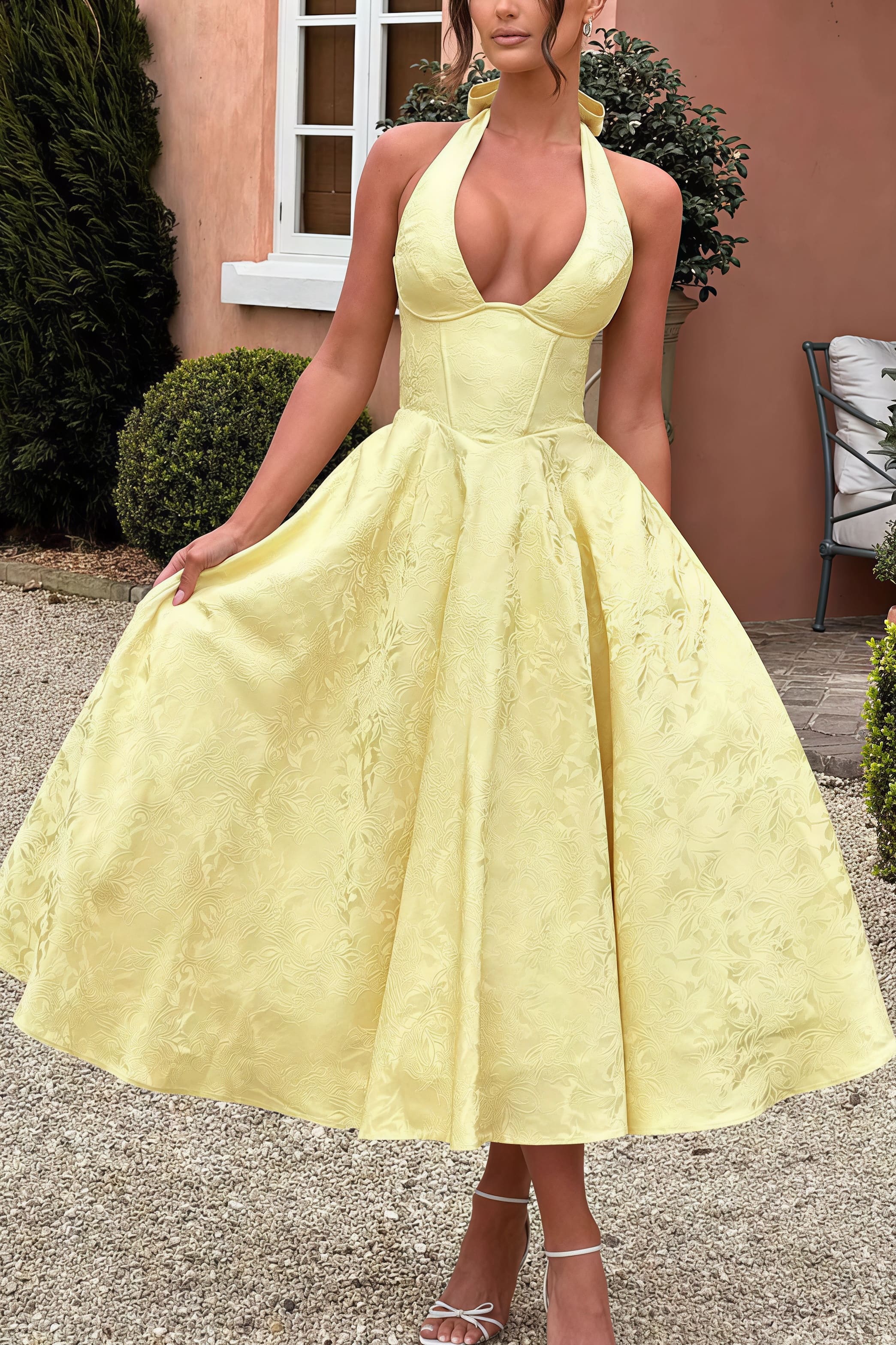 Halter V Neck Jacquard Backless Midi Dress image 2