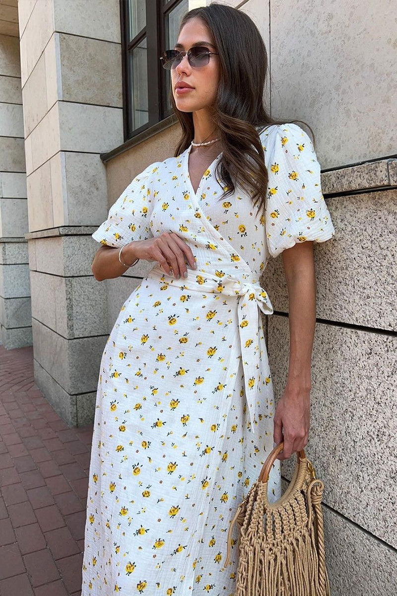 Cotton Printed Puff Sleeve Midi Dress image 1