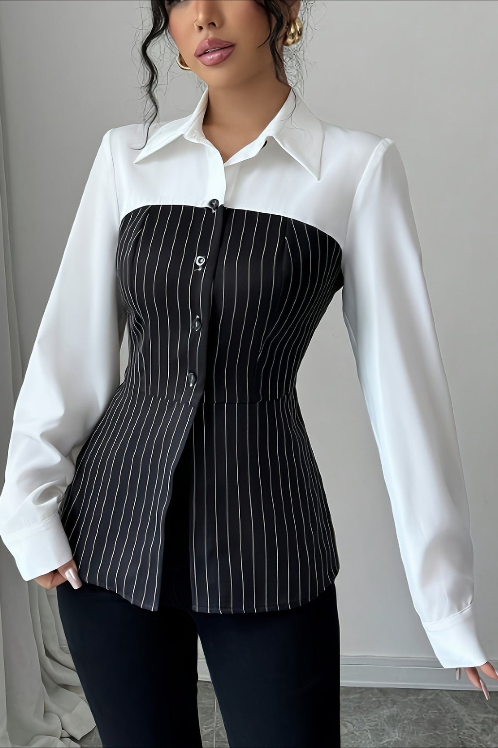 Striped Patchwork Button Blouse image 1