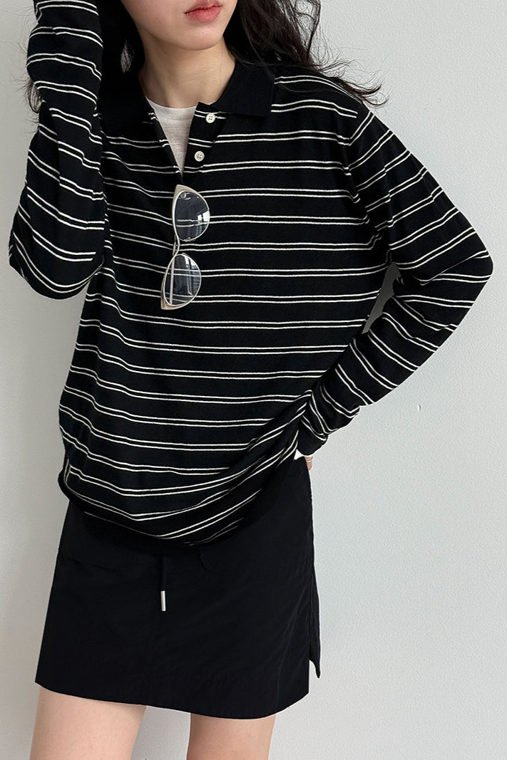 Soft Wool Striped Polo Collar Long Sleeve Long Sleeve Tee image 6