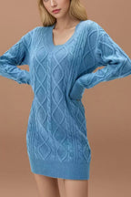 V-Neck Solid Cable-Knit Sweater Mini Dress image 5