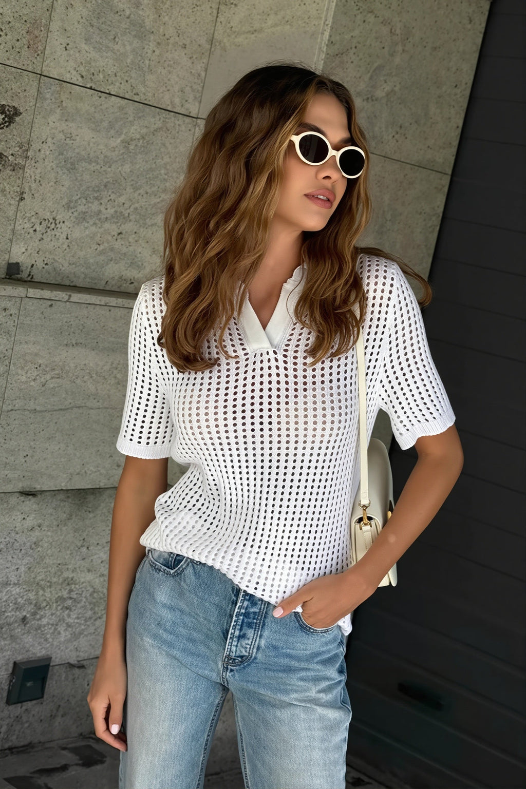 Solid Knit Polo Shirt Cut Out Sexy Elegant Multicolor Blouse image 6