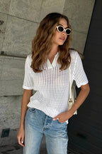 Solid Knit Polo Shirt Cut Out Sexy Elegant Multicolor Blouse image 6