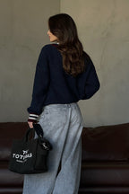 Striped Contrast V Neck Loose Long Sleeve Sweater image 3