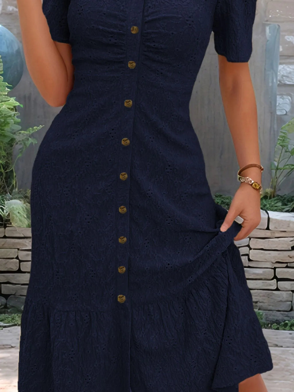 Selene Eyelet Midi Dress detail view styled for Avrienne