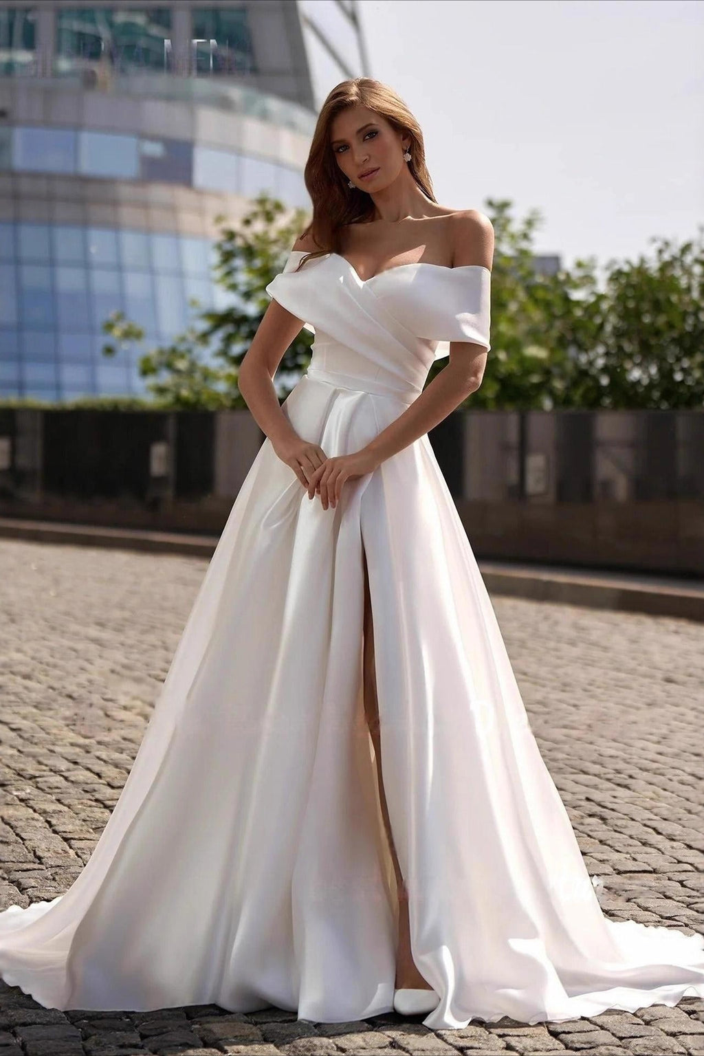 Simple Satin Cross Off Shoulder Train Wedding Dress image 1