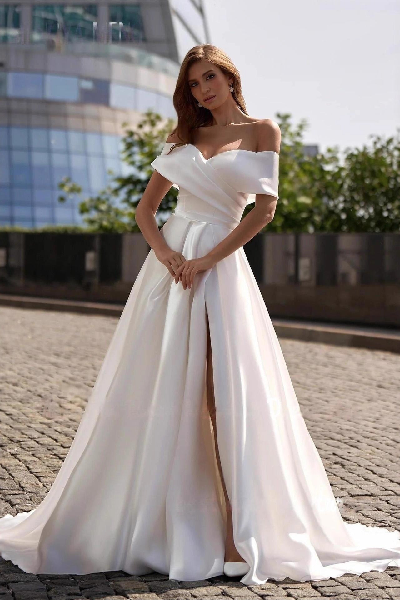 Simple Satin Cross Off Shoulder Train Wedding Dress image 1