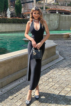 Black Contrast Lace U-Neck Split Backless Party Dress image 1
