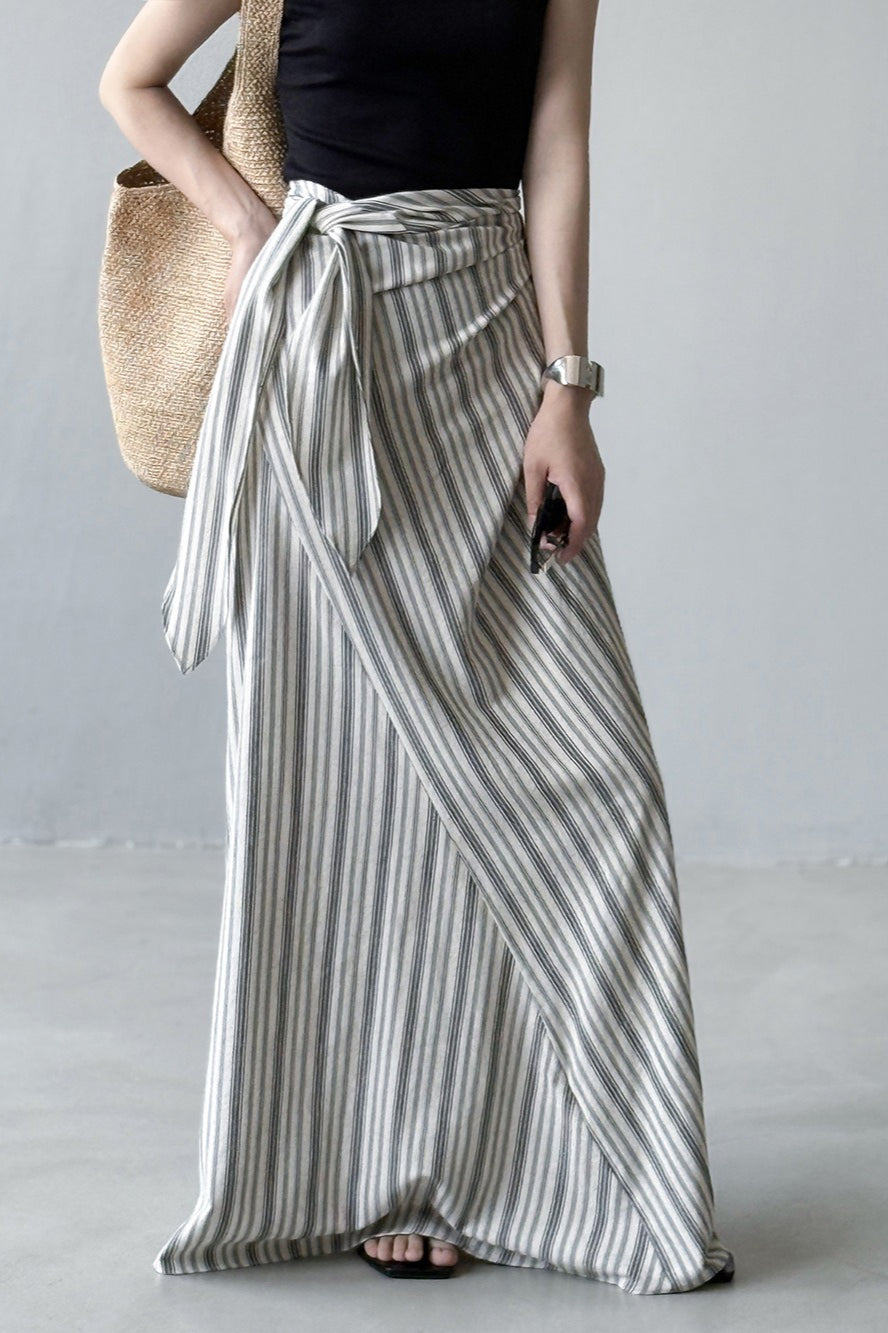 High Waist Striped Tie Waist A Line Maxi Skirt image 1