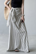 High Waist Striped Tie Waist A Line Maxi Skirt image 1