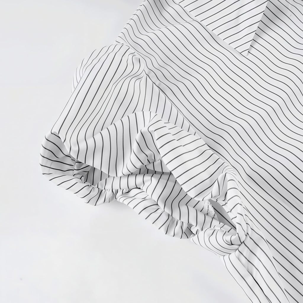 Striped Button Down Shirt Tie Waist Lapel Blouse image 4