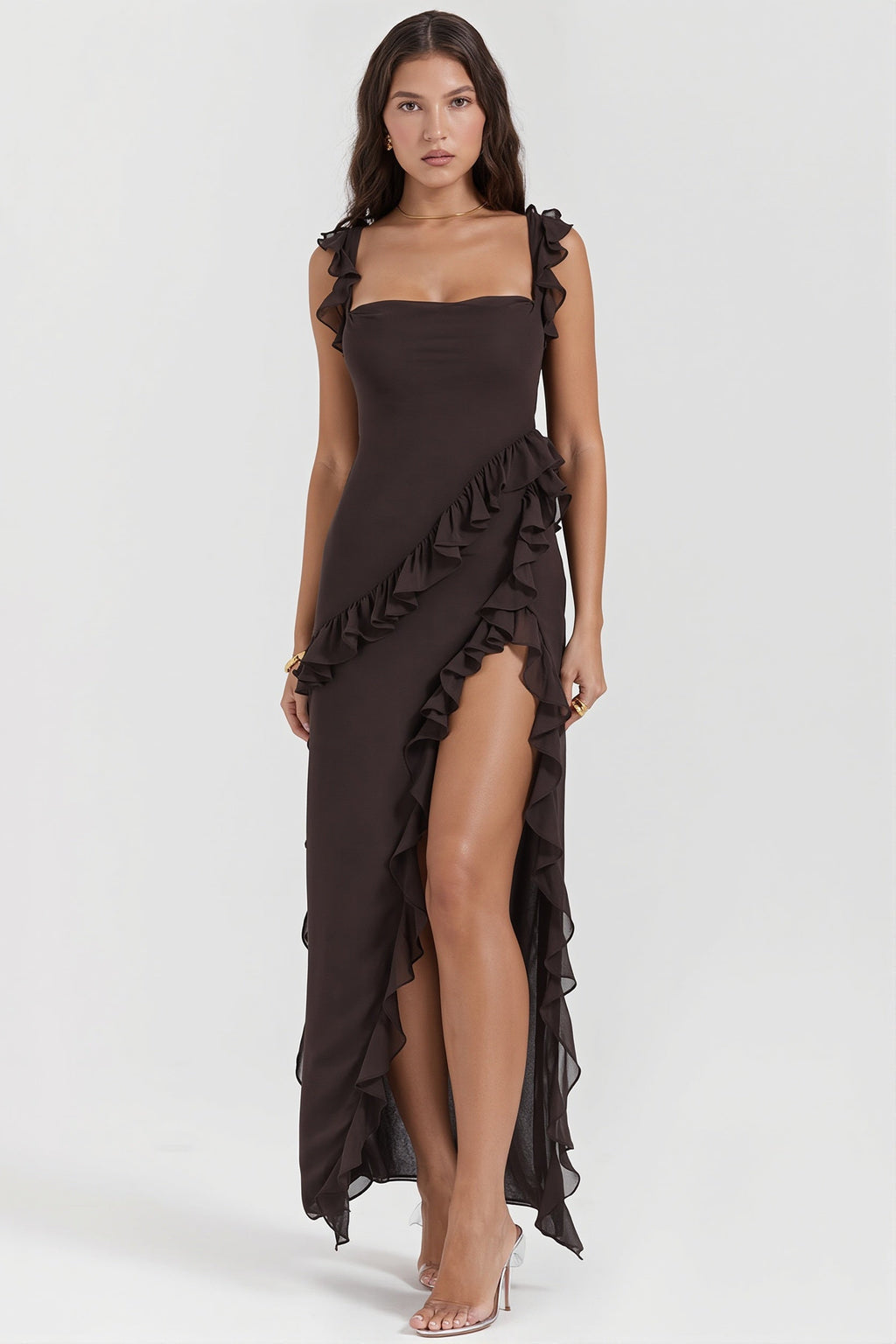Ribbon Ruffle Splice Slit Maxi Dress image 8