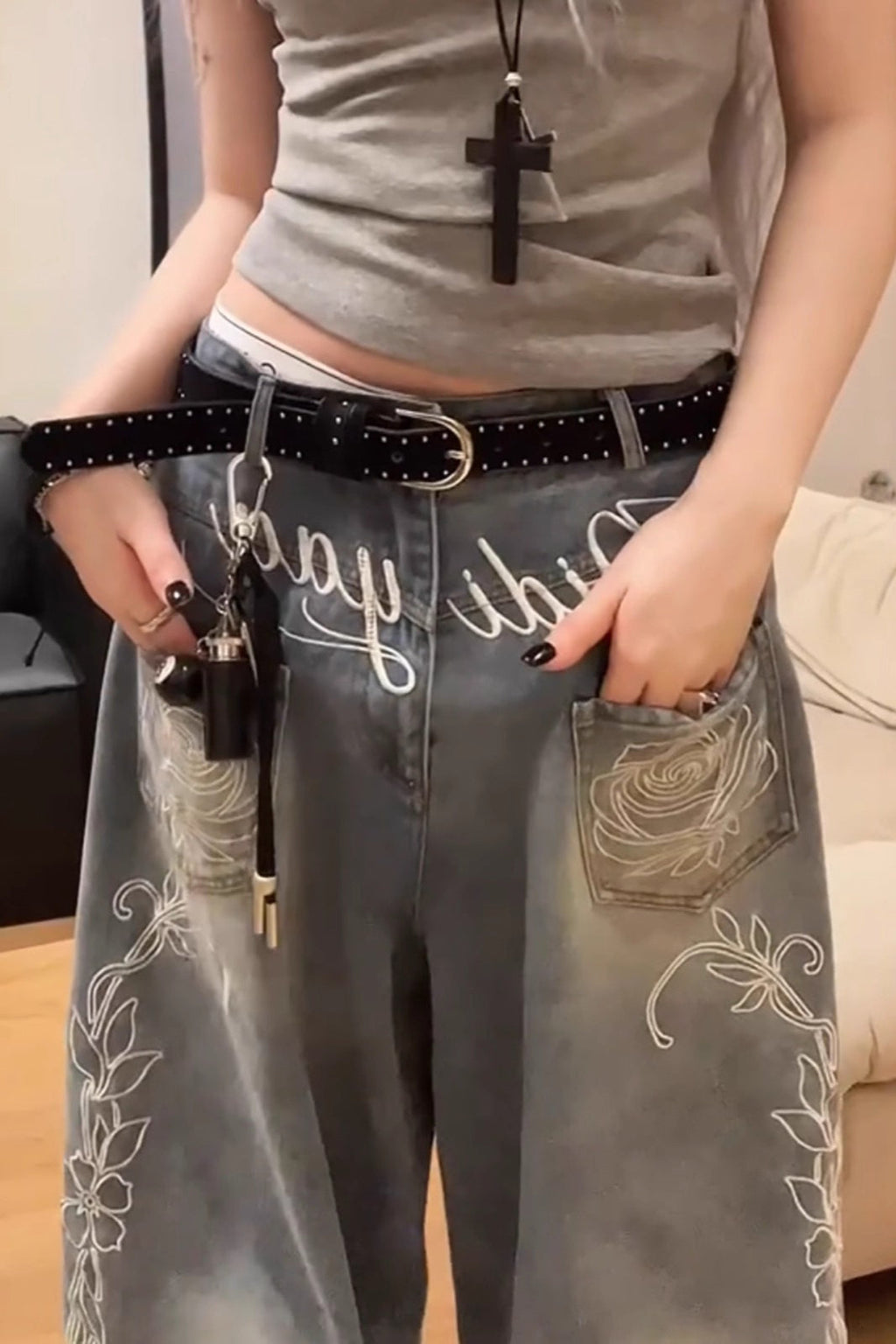 Y2K Floral Letter Embroidery Wide Leg Jeans image 4