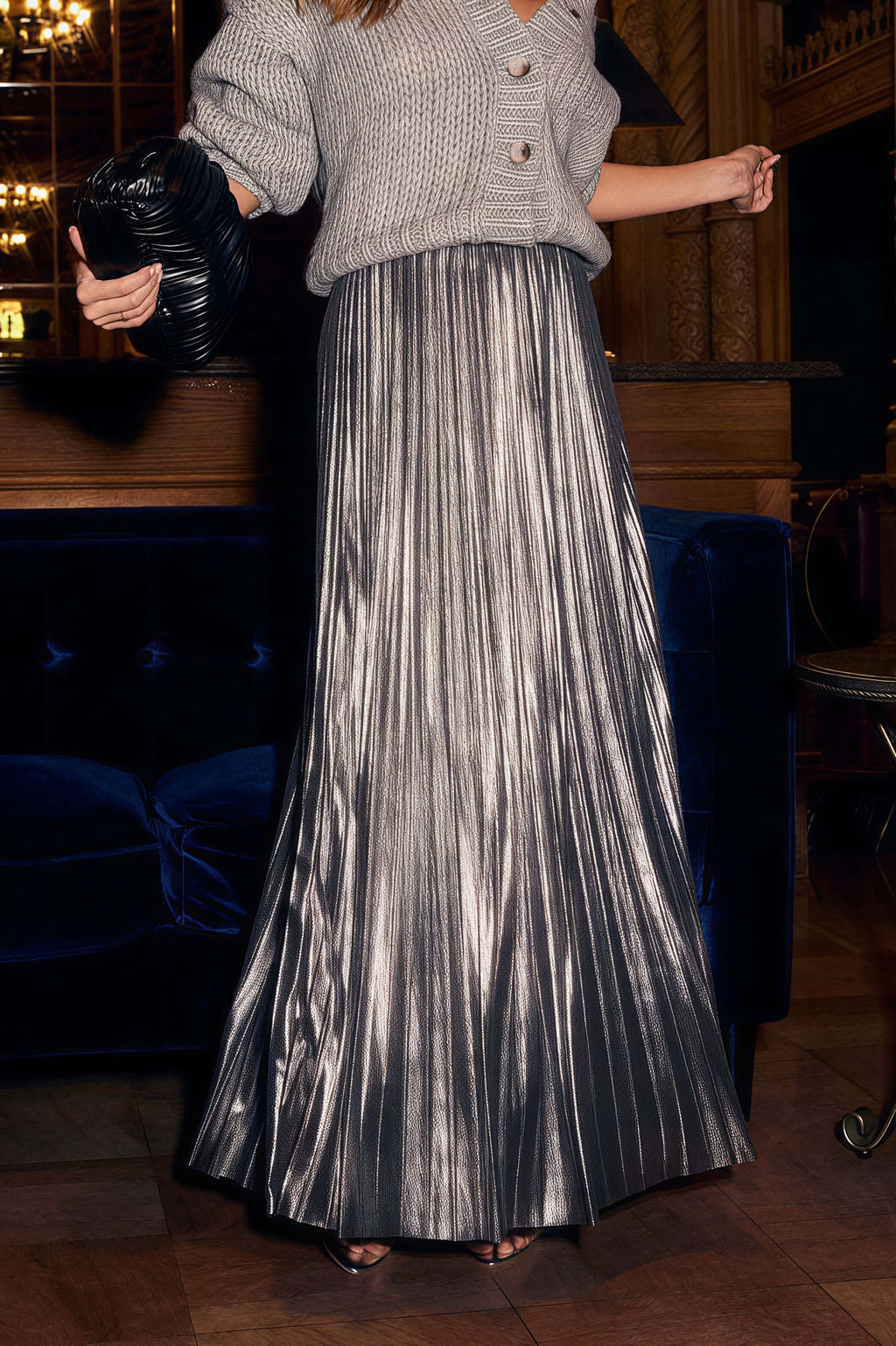 Gold Silver Pleated High Waist Skirt image 1