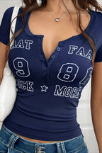 Sexy Letter Print V Neck Slim T-shirt image 4