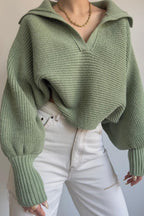 Lantern Sleeve Open Collar Knit Sweater image 8