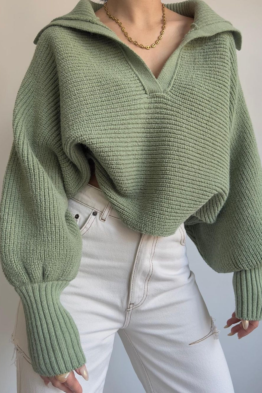 Lantern Sleeve Open Collar Knit Sweater image 8