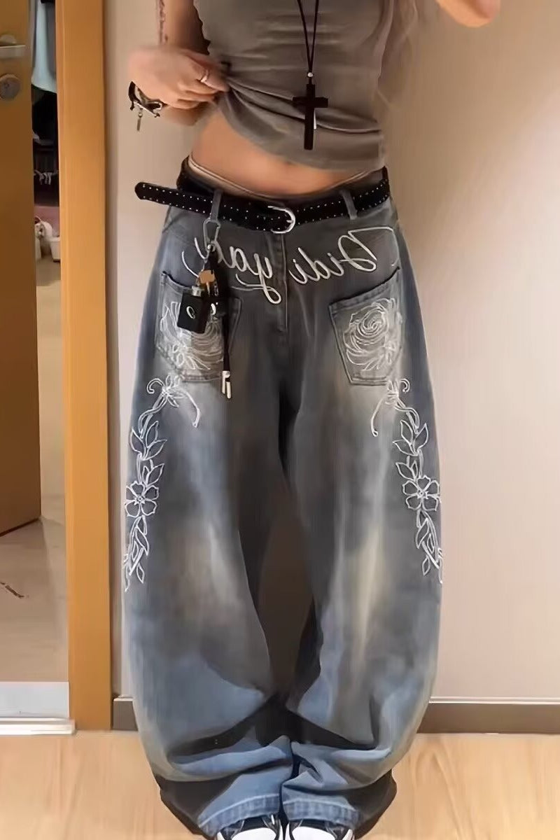 Y2K Floral Letter Embroidery Wide Leg Jeans image 1