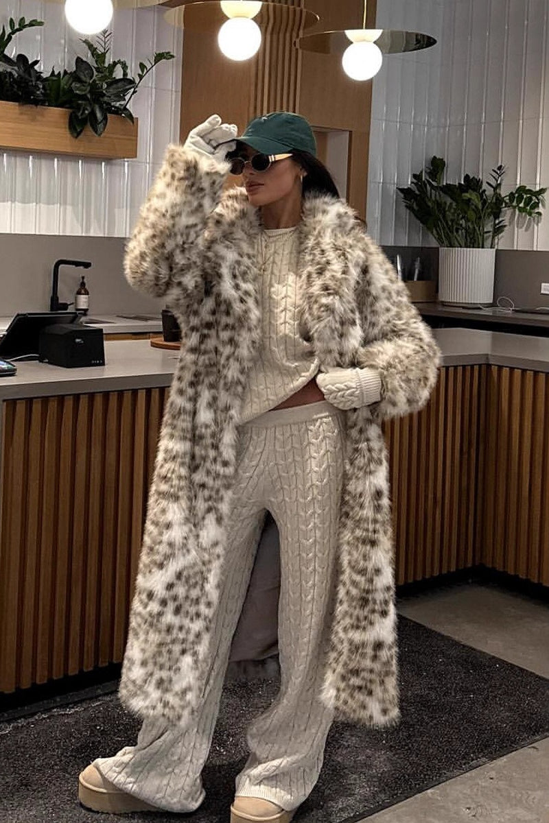 Leopard Print Faux Mink Fur Eco Long Blazer Collar Overcoat image 1